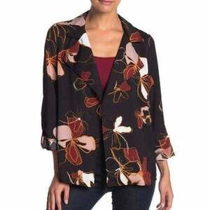 14th & Union Women's Notch Lapel Trapeze Jacket Black Floral 3/4 Sleeve Draped S